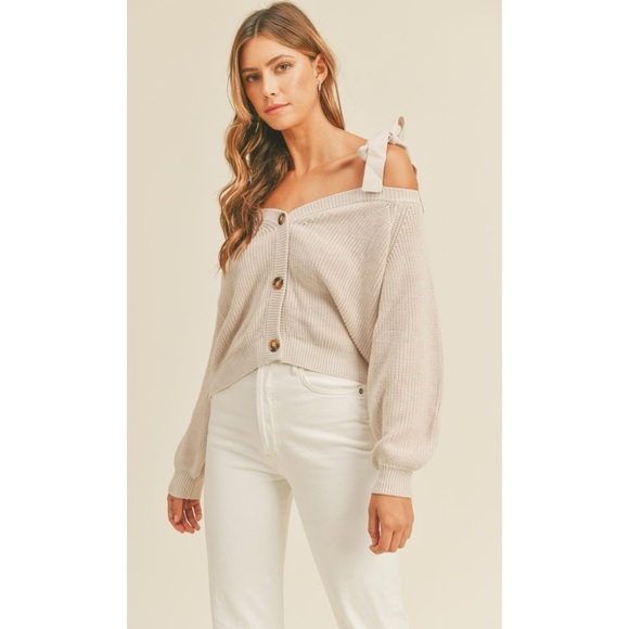 Mable Sweaters - MABLE Off Shoulder Self Tie Strap Button Down Sweater - Size Small